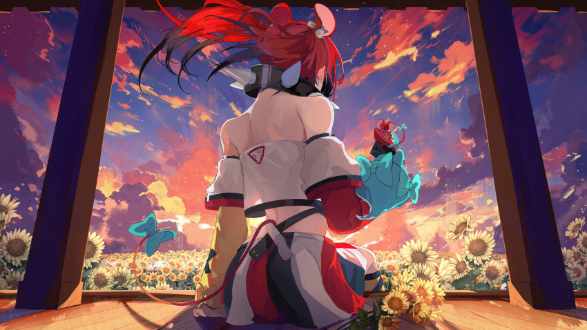 1girl animal_ears back bare_shoulders black_collar black_hair bow cheese cloud cloudy_sky collar colorful crop_top dice_hair_ornament dusk floral_background flower food hair_ornament hakos_baelz hakos_baelz_(1st_costume) highres hololive hololive_english long_hair looking_at_animal mouse_ears mouse_girl mouse_tail moyomo mr._squeaks_(hakos_baelz) multicolored_background multicolored_hair red_hair skirt sky spiked_collar spikes streaked_hair sunflower tail twintails virtual_youtuber white_hair