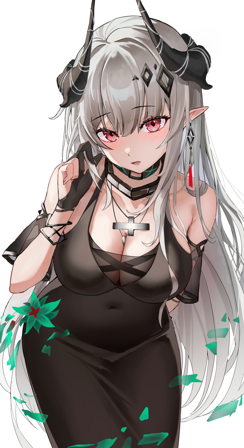 1girl absurdres arknights arm_behind_back black_dress black_gloves black_horns blush breasts cleavage commentary_request covered_navel cross cross_necklace demon_girl demon_horns dress earrings gloves hair_ornament highres horns infection_monitor_(arknights) jewelry large_breasts leaning_forward looking_at_viewer mudrock_(arknights) mudrock_(obsidian)_(arknights) necklace official_alternate_costume open_mouth partially_fingerless_gloves pointy_ears red_eyes simple_background skydrop sleeveless sleeveless_dress solo white_background