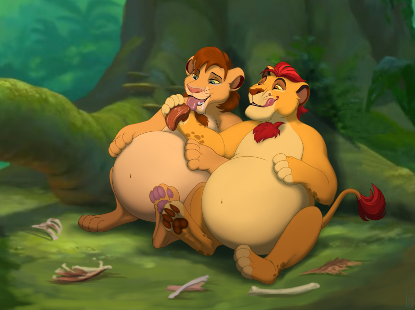 anthro belly big_belly bone disney duo felid hand_on_belly hard_vore hi_res kion_(the_lion_guard) licking licking_lips licking_own_lips lion male male/male mammal overweight overweight_anthro overweight_male pantherine priestofjashin satisfied satisfied_look the_lion_guard the_lion_king tongue vore