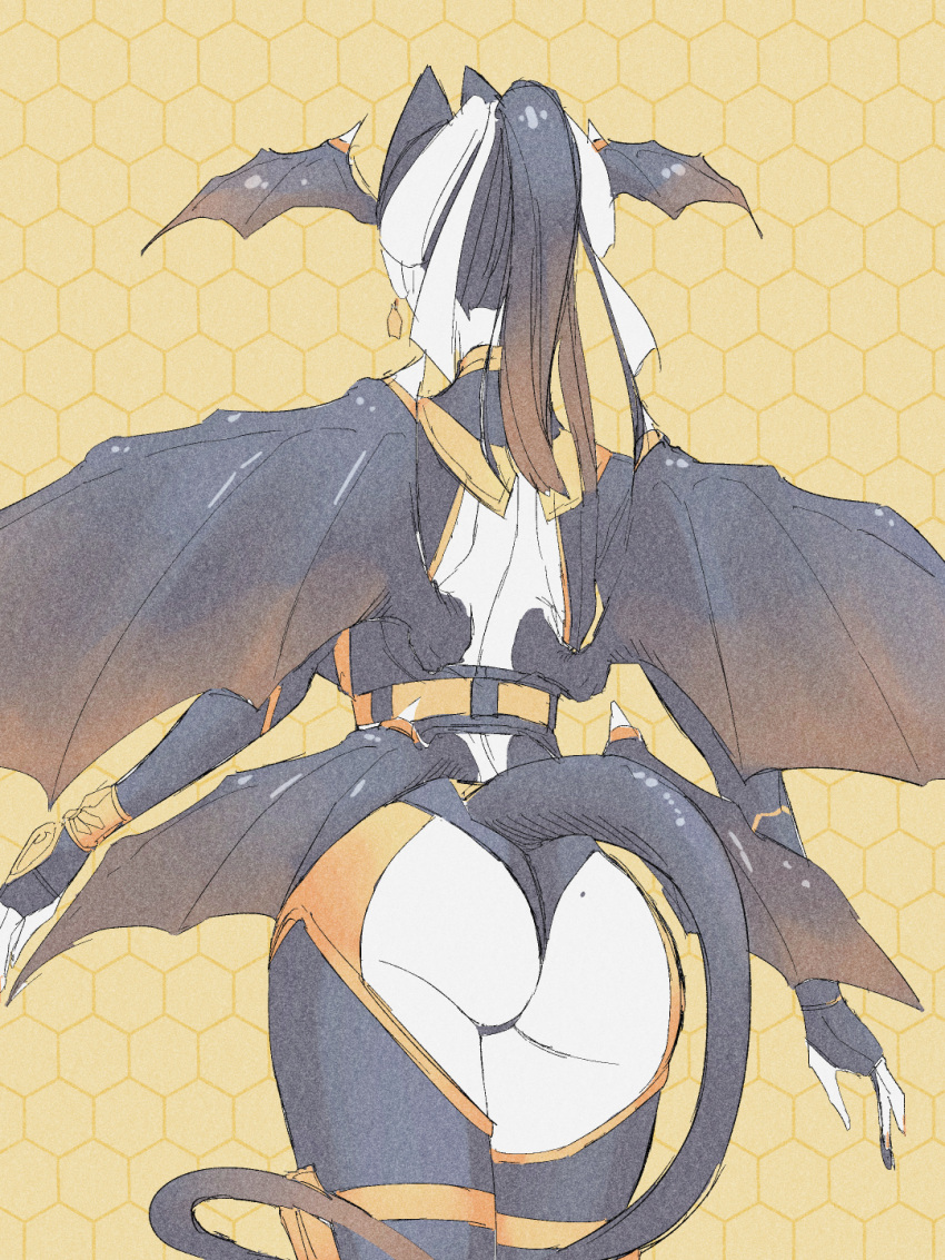 1girl ass black_hair byackopath_(artist) demon_girl demon_wings facing_away from_behind head_wings highres honeycomb_(pattern) honeycomb_background low_wings mole mole_on_ass multicolored_hair original pale_skin ponytail sketch solo thong two-tone_hair white_hair wings