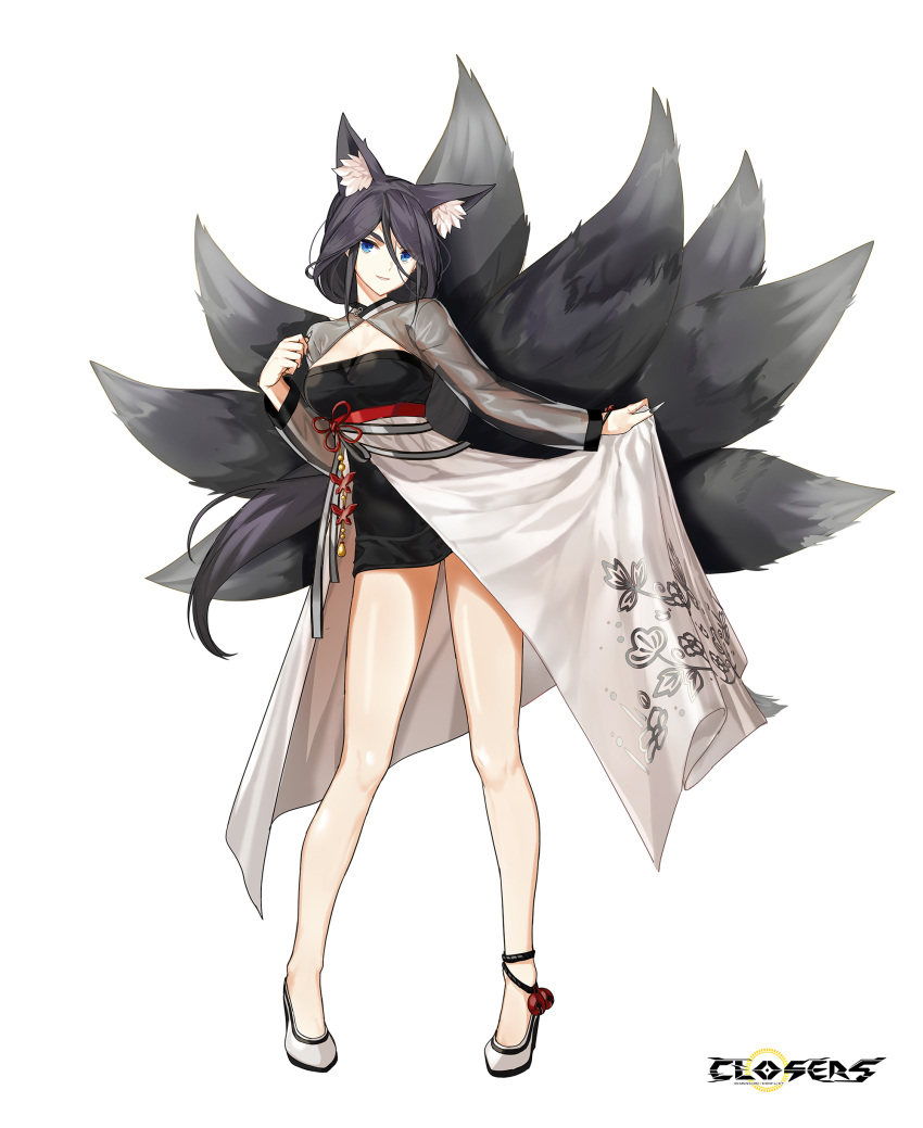 1girl absurdres alternate_hair_color animal_ear_fluff animal_ears ankle_bell black_dress black_footwear black_hair black_sleeves black_tail blue_eyes breasts cleavage cleavage_cutout closers clothing_cutout copyright_name dress fingernails fox_ears fox_girl fox_tail full_body grin hand_up high_heels highres kitsune kyuubi large_breasts layered_dress legs_apart logo long_fingernails long_hair long_sleeves looking_at_viewer low_ponytail multiple_tails official_art overskirt pigeon-toed see-through see-through_sleeves skirt_hold smile solo standing tachi-e tail two-tone_dress v-shaped_eyebrows violet_(closers) wedge_heels white_background white_dress