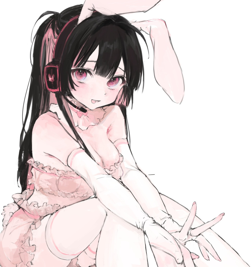 1girl animal_ears bare_shoulders black_hair blush breasts cleavage detached_collar dress elbow_gloves fake_animal_ears gloves headset highres iq033 long_hair looking_at_viewer medium_breasts multicolored_hair open_mouth original pink_dress pink_eyes pink_hair rabbit_ears short_dress simple_background smile solo thighhighs two-tone_hair v white_background white_gloves white_thighhighs