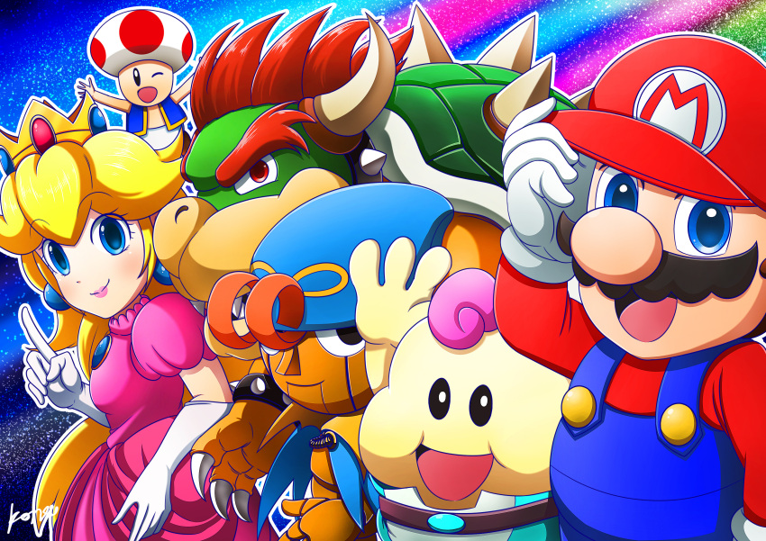 1girl 5boys absurdres blonde_hair blue_eyes bowser brown_hair crown dress facial_hair geno_(mario) gloves hat highres holding jewelry konsu_(konsu1182da) long_hair mallow_(mario) mario mario_(series) multiple_boys mustache open_mouth princess_peach smile solo super_mario_rpg toad_(mario)