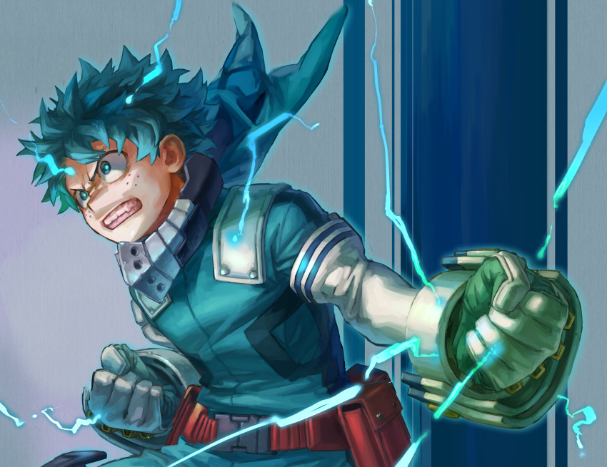 1boy absurdres asymmetrical_gloves belt belt_pouch blue_bodysuit blue_eyes blue_gloves blue_hair blue_pupils bodysuit boku_no_hero_academia bright_pupils buckle cape clenched_hands clenched_teeth commentary_request curly_hair electricity floating_clothes foreshortening freckles gloves gradient_background green_gloves hands_up highres leaning_forward light_blue_background looking_ahead male_focus mask mask_around_neck midoriya_izuku mismatched_gloves mouth_mask outstretched_arm partial_commentary pouch red_belt red_cape short_hair snap-fit_buckle teeth upper_body utility_belt v-shaped_eyebrows white_gloves wrinkled_fabric yomoyama_yotabanashi