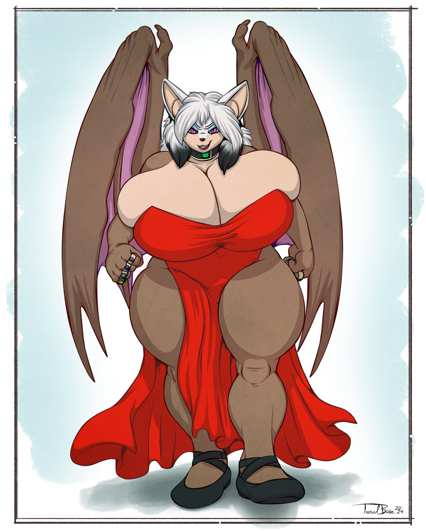 2024 bat big_breasts black_and_white black_clothing black_footwear black_hair black_shoes breasts brown_body brown_fur clothing collar dress female flats footwear fur hair hi_res looking_at_viewer makeup mammal monochrome overweight pink_eyes red_clothing red_dress shoes solo teaselbone thick_thighs walking white_body white_fur white_hair wings zylphia_(atypicalspider)