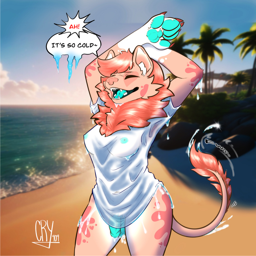 anthro beach breasts clothing cry_909 dripping dripping_wet felid female flaccid fur genitals herm hi_res intersex lion male mammal open_mouth outside pantherine paws penis pink_body pink_fur solo speech_bubble thick_thighs tight_clothing translucent translucent_clothing water wet wet_clothing