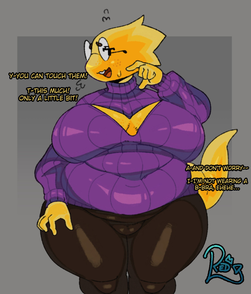 2024 5_fingers absurd_res alphys anthro belly big_breasts bodily_fluids breasts buckteeth cleavage cleavage_cutout clothed clothing cutout dialogue english_text eyewear female fingers first_person_view flying_sweatdrops freckles front_view glasses glistening glistening_clothing hi_res huge_breasts inviting legs_together lizard non-mammal_breasts overweight overweight_anthro overweight_female portrait redactedinlight reptile round_glasses scalie solo standing sweat sweatdrop sweater tail talking_to_viewer teeth text thick_thighs three-quarter_portrait topwear turtleneck undertale_(series) wavy_mouth wide_hips yellow_body