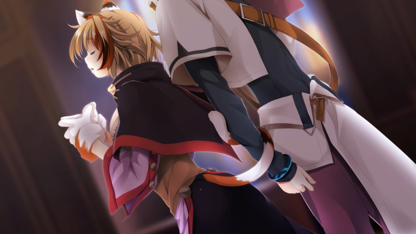 1boy 1girl alto_travers animal_ears animal_hands atelier-moo back back-to-back belt breasts brown_hair cat_ears cat_girl cat_paws cat_tail closed_eyes feline_sora hair_between_eyes highres large_breasts long_sleeves multicolored_hair narrow_waist open_mouth short_hair skirt standing streaked_hair tail wizards_symphony