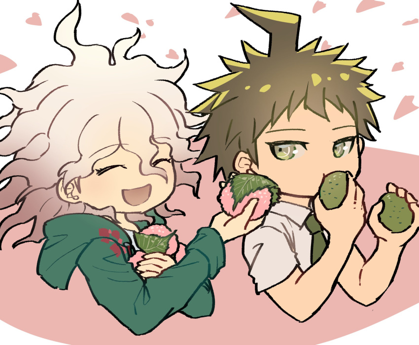 2boys :d ahoge brown_hair closed_eyes collared_shirt cropped_torso danganronpa_(series) danganronpa_2:_goodbye_despair eating food gradient_hair green_jacket green_necktie grey_hair grey_shirt happy highres hinata_hajime jacket komaeda_nagito messy_hair multicolored_hair multiple_boys necktie open_mouth pink_background shirt short_hair short_sleeves sideways_glance smile white_background youko-shima