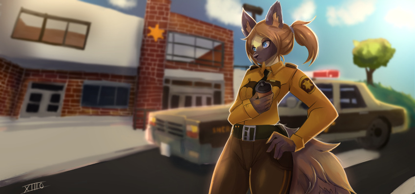 absurd_res anthro belt beverage bottomwear brick_wall brown_body brown_fur brown_hair building canid canine canis car classic_car clothed clothing coffee colored detailed_background domestic_dog female fluffy fluffy_tail fully_clothed fur german_shepherd hair hand_on_hip herding_dog hi_res holding_coffee_mug jacket mammal pants pastoral_dog police police_officer police_uniform sheriff solo tail thick_thighs topwear uniform vehicle wall_(structure) xiiiofi