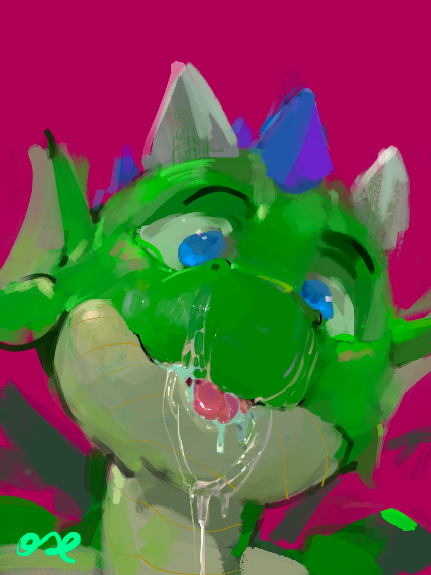 absurd_res ambiguous_gender anthro blep blue_eyes blue_horn bodily_fluids brokenwing bust_portrait cum cum_on_face cum_on_tongue ear_frill frill_(anatomy) front_view genital_fluids green_body hi_res horn looking_at_viewer mouth_closed no_pupils oselotti pink_tongue portrait signature solo tongue tongue_out white_horn