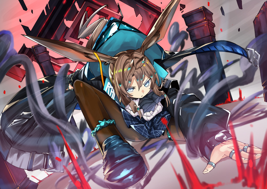 1girl amiya_(arknights) animal_ears aqua_collar aqua_eyes arknights ascot black_jacket black_pantyhose blue_ascot blue_footwear brown_hair closed_mouth frilled_ascot frills hair_between_eyes hand_on_floor highres hood hooded_jacket jacket jewelry long_sleeves medium_hair miniskirt multiple_rings nzuwaiganin open_clothes open_jacket pantyhose pillar rabbit_ears rabbit_girl ring shirt skirt solo squatting thumb_ring white_shirt