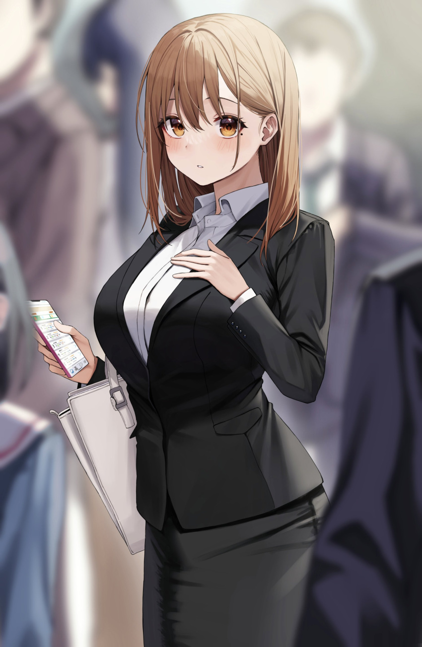 1girl absurdres bag black_skirt blurry blurry_background blush breasts brown_eyes brown_hair business_suit cellphone cowboy_shot highres large_breasts looking_at_viewer mole mole_under_eye office_lady ol-chan_(udon) original pantyhose phone shirt shoulder_bag skirt smartphone solo suit udon_(udonalium) white_shirt