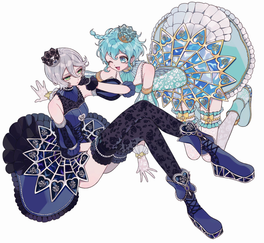 2girls ao_(ao0_0nemu) bad_id bad_twitter_id bare_shoulders black_thighhighs blue_dress blue_eyes blue_footwear blue_hair boots braid crossed_legs crown dorothy_west dress frilled_dress frills full_body green_eyes grey_hair hair_between_eyes highres idol_clothes knees_up looking_at_another mini_crown multiple_girls one_eye_closed open_mouth pretty_series pripara purple_footwear shikyoin_hibiki short_hair side_braid simple_background sitting sleeveless sleeveless_dress smile thighhighs white_background