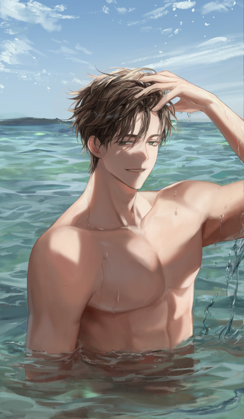 1boy abs absurdres arm_at_side arm_up beach brown_hair fek_zin green_eyes grin highres korean_commentary looking_at_viewer male_focus muscular muscular_male ocean original outdoors partially_submerged short_hair smile solo teeth topless_male upper_body water