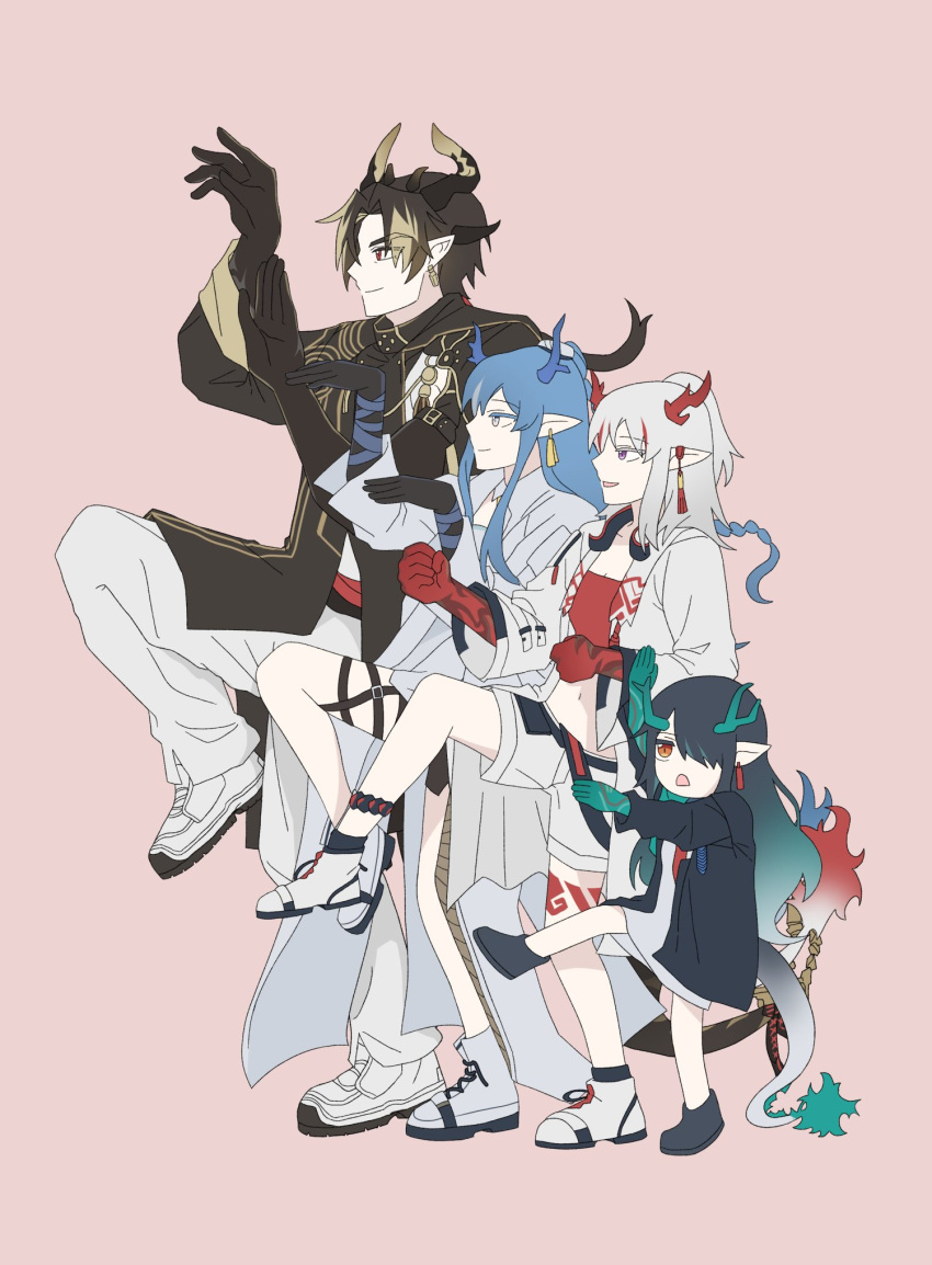 1boy 3girls aged_down arknights black_gloves black_hair blue_eyes blue_hair brown_hair character_request chong_yue_(arknights) dragon_boy dragon_horns dragon_tail dusk_(arknights) from_side full_body gloves hair_over_one_eye height_difference highres horns ling_(arknights) multiple_girls nian_(arknights) open_mouth orange_eyes parody pointy_ears ppboxz red_gloves simple_background smile tail white_hair yotsubato!