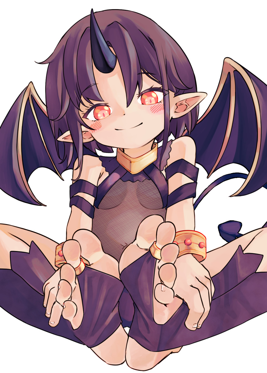 1girl barefoot blush bracelet breasts chaosexceed closed_mouth demon_girl demon_tail demon_wings feet foot_focus hands_on_feet highres horns jewelry looking_down navel original pointy_ears red_eyes simple_background single_horn sitting small_breasts smile soles solo stirrup_footwear tail toes white_background wings