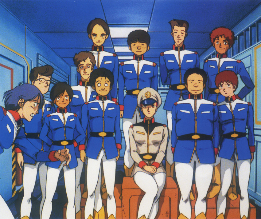 1970s_(style) 1980s_(style) 1girl amuro_ray black_hair blue_hair brown_hair earth_federation gundam hat kai_shiden kawamoto_toshihiro key_visual matilda_ajan mobile_suit_gundam multiple_boys official_art pantyhose photobomb production_art promotional_art red_hair retro_artstyle scan science_fiction sitting size_difference soldier spacecraft_interior teeth traditional_media uniform white_base