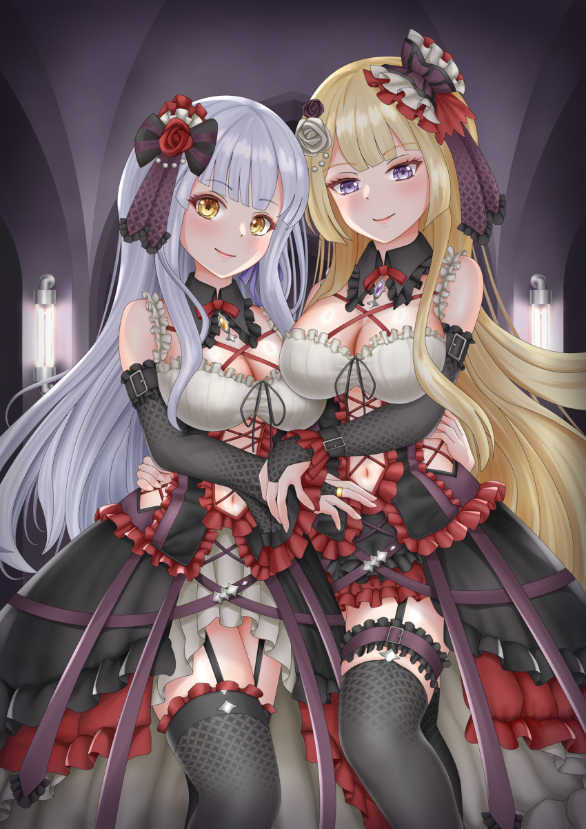 2girls arm_around_waist arm_belt assault_lily bare_shoulders belt belt_buckle black_belt black_bow black_bridal_gauntlets black_dress black_thighhighs blonde_hair blunt_bangs blush bow breasts bridal_gauntlets buckle cleavage closed_mouth clothing_cutout commentary_request cross-laced_clothes cross-laced_cutout cross-laced_dress detached_collar dress feet_out_of_frame flower frilled_bow frilled_dress frilled_thighhighs frills garter_straps gem grey_hair hair_bow hair_flower hair_ornament hand_on_another's_hand hand_on_another's_waist highres imai_tomohiro indoors jewelry kon_kanaho large_breasts layered_dress long_hair looking_at_viewer miyagawa_takane multiple_girls navel neck_ribbon pendant purple_eyes purple_gemstone red_flower red_ribbon red_rose ribbon ring rose side-by-side side_cutout sidelocks sleeveless sleeveless_dress smile stomach_cutout striped_bow thigh_belt thigh_strap thighhighs two-tone_dress very_long_hair white_dress white_flower white_rose wrist_belt yellow_eyes yellow_gemstone