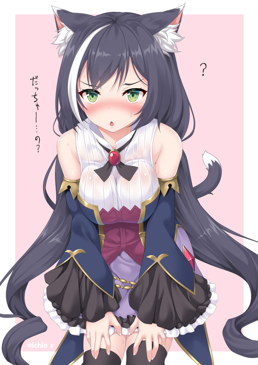 1girl animal_ear_fluff animal_ears bangs bare_shoulders black_hair blush breasts brooch cat_ears cat_girl cat_tail detached_sleeves dress green_eyes highres ichio jewelry karyl_(princess_connect!) leaning_forward long_hair looking_at_viewer low_twintails medium_breasts multicolored_hair open_mouth pink_background princess_connect! princess_connect!_re:dive sleeveless sleeveless_dress streaked_hair tail thighhighs thighs translation_request twintails white_hair