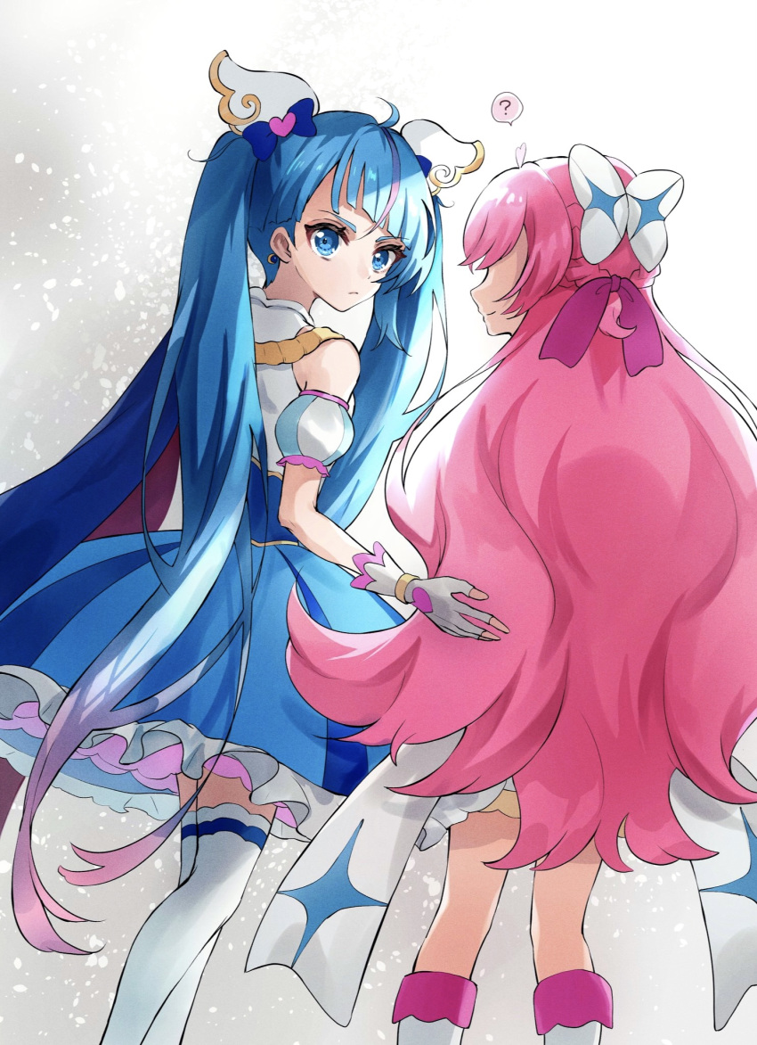 2girls ? arm_around_back blue_cape blue_dress blue_eyes blue_hair bow braid cape commentary cure_prism cure_sky cut_bangs detached_sleeves dress earrings fingerless_gloves french_braid frilled_dress frills frown gloves gradient_hair hair_bow hair_ribbon highres hirogaru_sky!_precure jewelry long_hair looking_at_viewer looking_back magical_girl medium_dress muginome_(bakuga_chan2) multicolored_hair multiple_girls nijigaoka_mashiro pink_hair precure puffy_detached_sleeves puffy_sleeves purple_ribbon red_cape ribbon single_sidelock sleeveless sleeveless_dress sora_harewataru spoken_question_mark standing streaked_hair thighhighs twintails two-sided_cape two-sided_fabric two-tone_dress two-tone_hair very_long_hair white_bow white_dress white_gloves white_thighhighs wing_hair_ornament