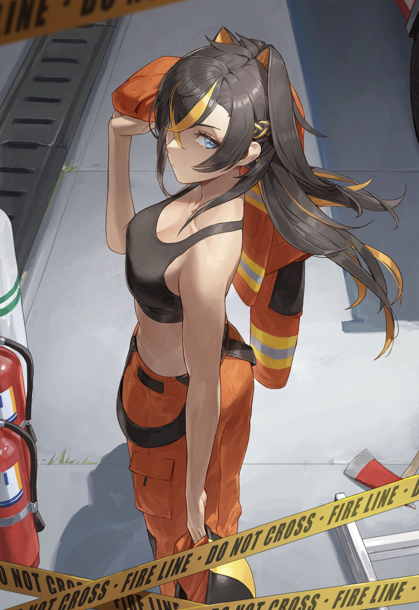 1girl bare_shoulders black_sports_bra blonde_hair blue_eyes breasts brown_hair caution_tape cleavage collarbone cotta_(heleif) crossed_bangs dark-skinned_female dark_skin dehya_(genshin_impact) fire_extinguisher genshin_impact hair_between_eyes hair_intakes highres jacket large_breasts long_hair looking_at_viewer multicolored_hair orange_jacket orange_pants pants solo sports_bra streaked_hair unworn_jacket