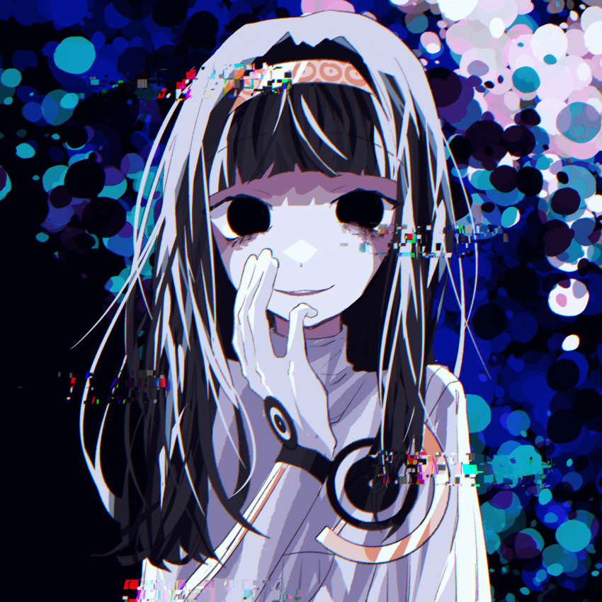 1girl black_eyes black_hair blunt_bangs dress elbow_gloves glitch gloves gnosia hairband highres hime_cut long_hair looking_at_viewer pale_skin solo straight_hair turn_pale upper white_dress white_gloves yuriko_(gnosia) zer0h