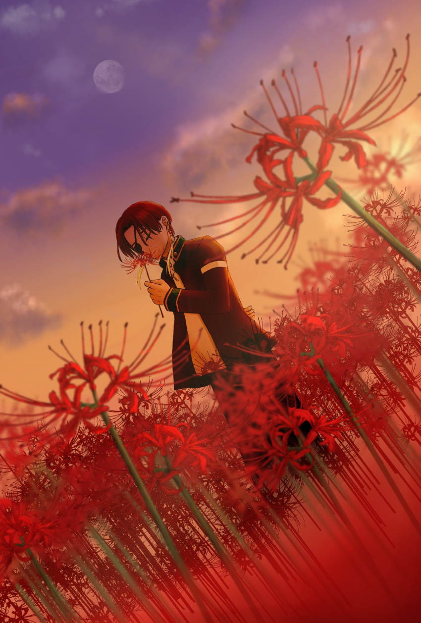 1boy closed_eyes dutch_angle earrings eyepatch field flower flower_field hayato_suou highres jacket jewelry long_sleeves male_focus moon outdoors shiroan333 solo spider_lily standing sunset wind_breaker_(nii_satoru)