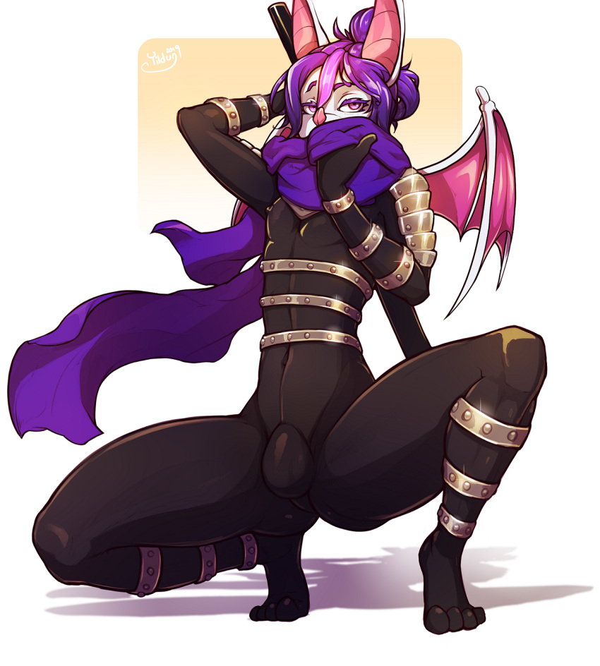 anthro bat bat_wings bedroom_eyes bodysuit clothing girly gold_(metal) hair helmed_(helmed) hi_res highlights_(coloring) katana latex latex_bodysuit latex_clothing latex_skinsuit looking_at_viewer male mammal melee_weapon membrane_(anatomy) membranous_wings narrowed_eyes ninja ninja_outfit one-punch_man one_(manga) pink_eyes pink_hair purple_hair purple_scarf scarf seductive simple_background skinsuit solo speed-o'-sound_sonic sword thick_thighs tight_clothing warrior weapon white_background wings yildunstar