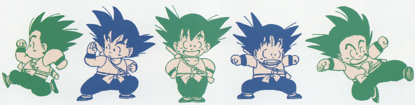 1boy absurdres arms_at_sides bare_arms black_eyes black_footwear black_hair black_pants black_wristband blue_theme clenched_hand clenched_hands clenched_teeth closed_mouth collarbone commentary dot_nose dragon_ball dragon_ball_(classic) expressionless fighting_stance full_body green_theme hand_up hands_on_own_hips happy highres kicking legs_apart legs_together limited_palette lineup looking_afar looking_at_viewer messy_hair monochrome multiple_views obi official_art open_mouth outstretched_arms pants profile running ruyi_jingu_bang sash scared serious sheath sheathed shoes simple_background smile son_goku spiked_hair spread_arms standing tank_top tareme teeth toriyama_akira white_background white_sash white_tank_top wristband