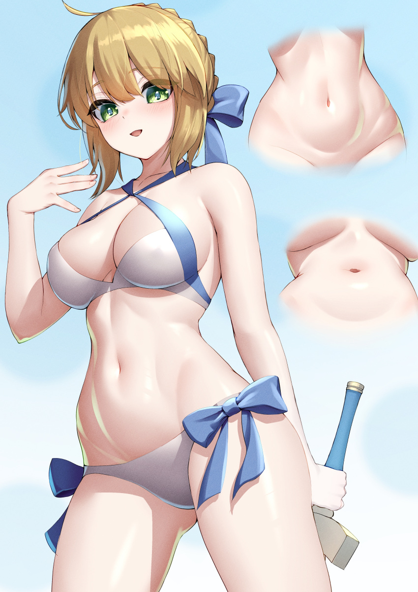 1girl :d absurdres ahoge artoria_pendragon_(fate) artoria_pendragon_(swimsuit_archer)_(fate) bikini blonde_hair blush bow bow_bikini breasts cleavage cleavage_cutout clothing_cutout collarbone commentary_request criss-cross_halter fate/grand_order fate_(series) from_below green_eyes halterneck highres medium_breasts medium_hair multiple_views navel official_alternate_costume okayusonmu open_mouth saber_(fate) simple_background smile swimsuit underboob