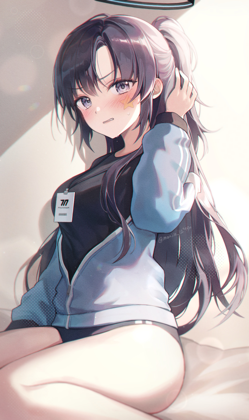 1girl absurdres angry arm_up black_buruma black_hair black_shirt blue_archive blue_jacket blush buruma double_vertical_stripe gym_shirt gym_uniform halo highres jacket lanyard long_hair looking_at_viewer mechanical_halo monjja partially_unzipped purple_eyes shirt sidelocks sitting solo star_sticker sticker_on_face two_side_up yuuka_(blue_archive) yuuka_(track)_(blue_archive)