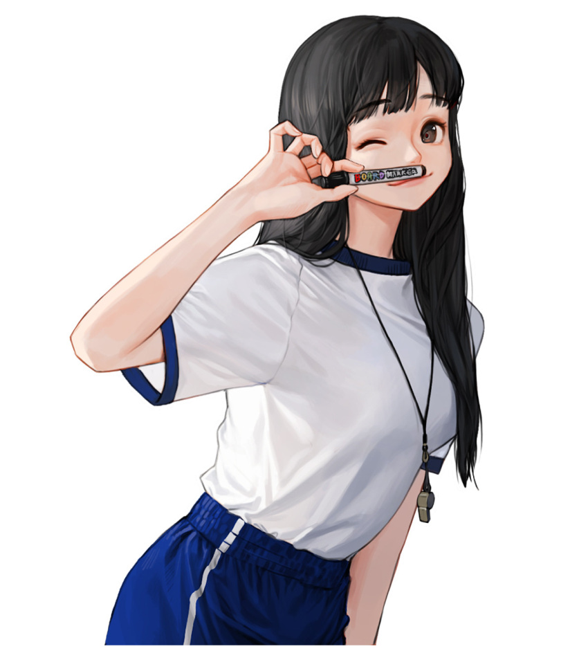 1girl black_eyes black_hair blue_pants blunt_bangs breasts closed_mouth cropped_legs gym_shirt gym_shorts gym_uniform hand_up highres holding holding_marker lips long_hair marker medium_breasts one_eye_closed original pants rinotuna shirt shorts smile sportswear t-shirt upper_body white_shirt