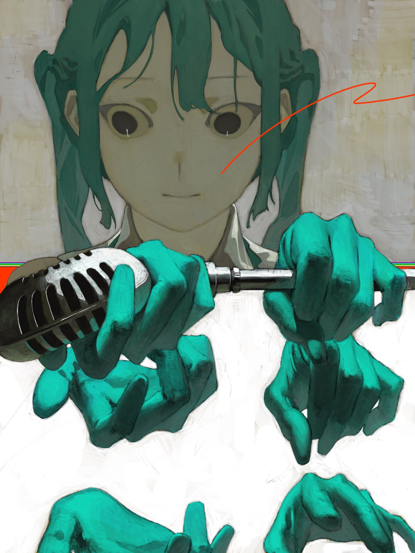 1girl alternate_eye_color aqua_gloves aqua_hair black_eyes closed_mouth disembodied_limb gloves gtsleep1200 hand_focus hatsune_miku highres holding holding_microphone holding_microphone_stand long_hair microphone microphone_stand solo twintails vocaloid