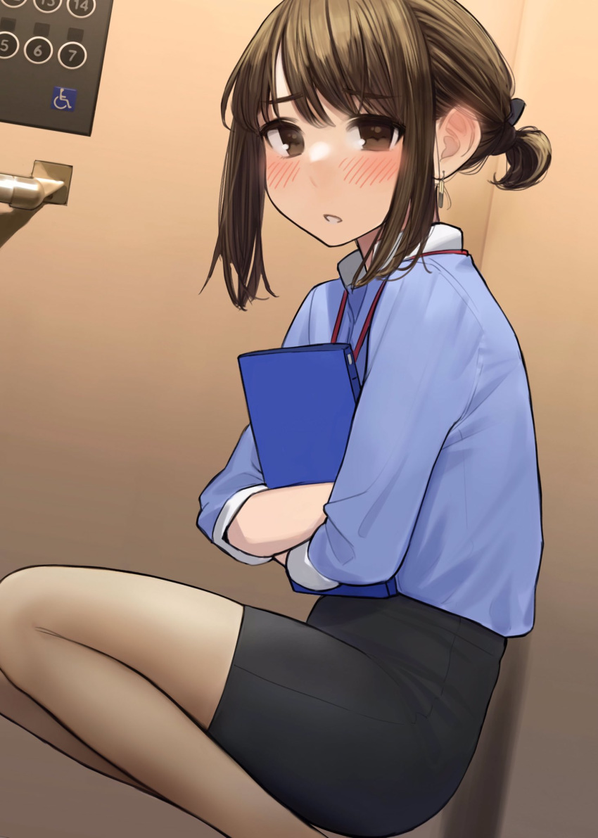 1girl :0 bangs black_legwear black_skirt blue_shirt blush brown_eyes brown_hair earrings elevator eyebrows_visible_through_hair folder ganbare_douki-chan hair_tie highres holding_folder jewelry lanyard long_sleeves looking_at_viewer miniskirt office_lady_(yomu_(sgt_epper)) open_mouth original pantyhose railing shirt sidelocks skirt solo squatting yomu_(sgt_epper)