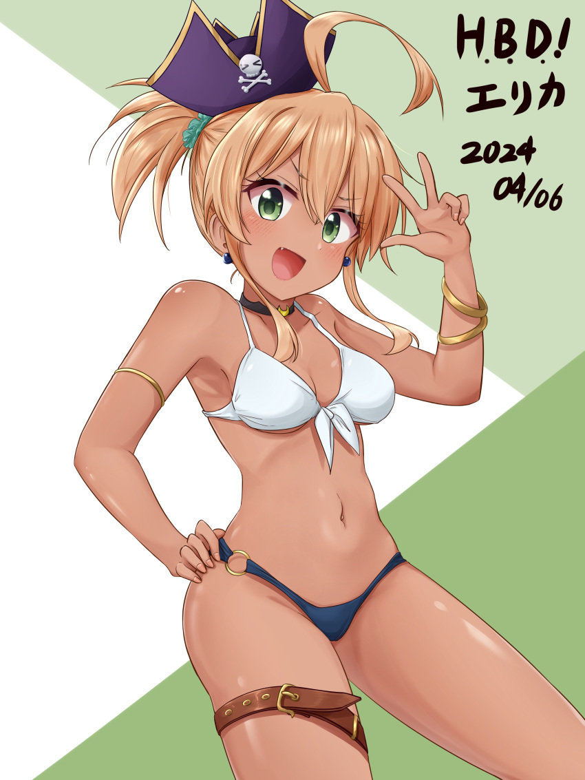 1girl absurdres ahoge belt bikini blonde_hair breasts chotto_ippai! dark_skin front-tie_bikini_top front-tie_top green_eyes gyaru hand_on_own_hip happy_birthday hat highres hoshino_erika_(chotto_ippai!) looking_at_viewer medium_breasts medium_hair mismatched_bikini o-ring o-ring_bottom pirate_hat ponytail smile solo swimsuit thigh_belt thigh_strap vietneko w