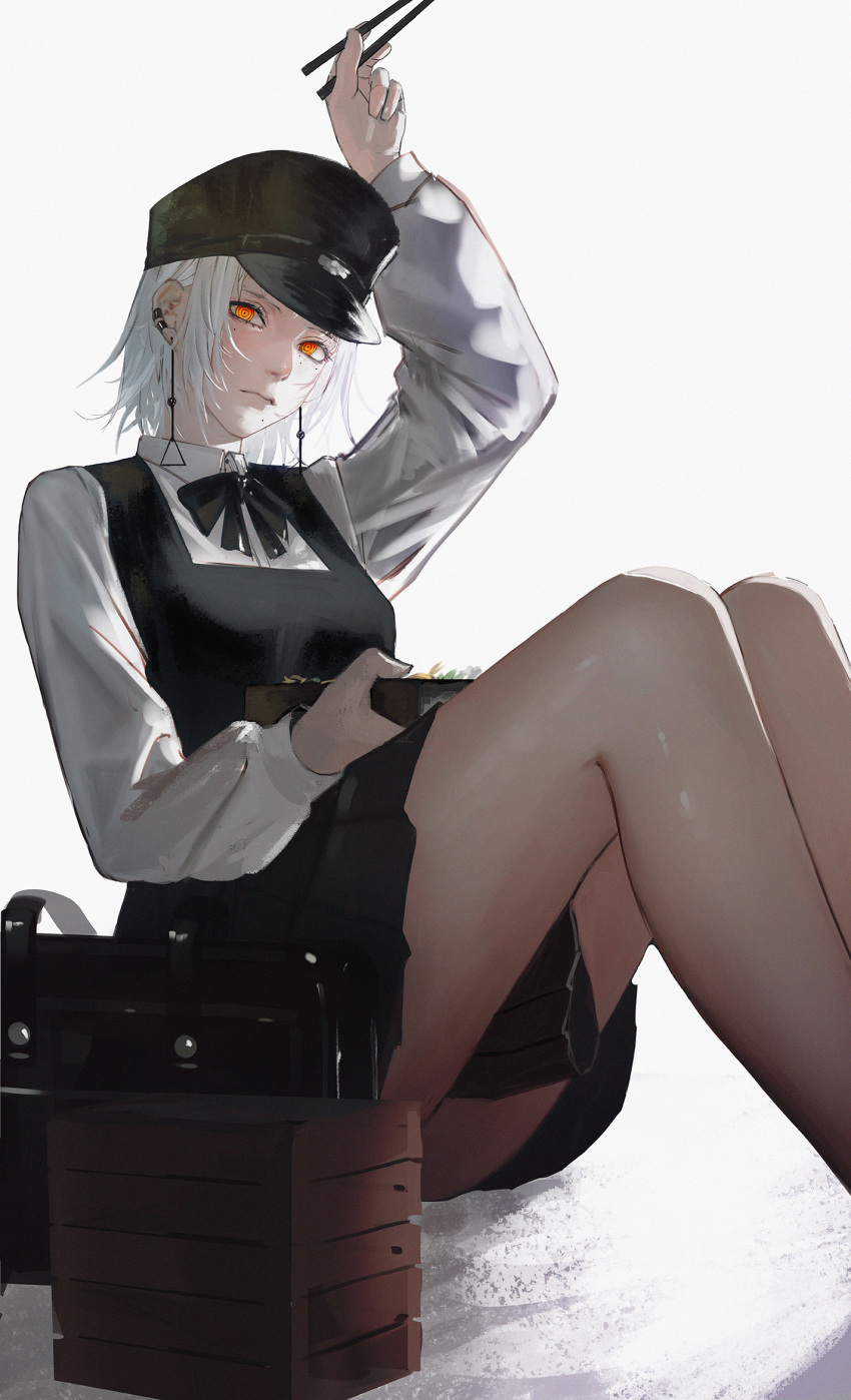 1girl arm_up black_bag black_bow black_bowtie black_dress bow bowtie chainsaw_man chopsticks closed_mouth collared_shirt commentary_request dress earclip expressionless fami_(chainsaw_man) feet_out_of_frame fourth_east_high_school_uniform ganet_p highres holding holding_chopsticks knees_up long_sleeves looking_at_viewer mole mole_under_eye mole_under_mouth multiple_moles orange_eyes pinafore_dress ringed_eyes school_uniform shirt short_hair sleeveless sleeveless_dress solo white_shirt