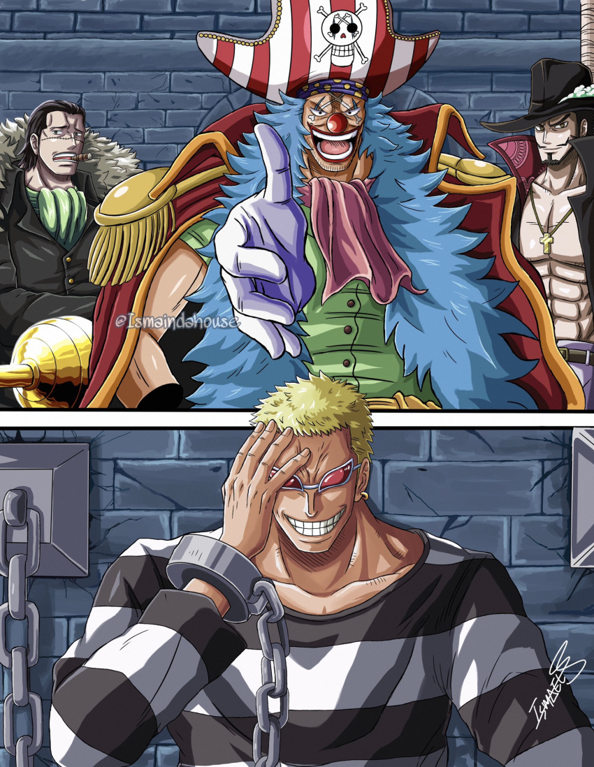 4boys artist_name ascot black_hair black_suit blonde_hair blue_hair buggy_the_clown chain closed_mouth clown_nose coat coat_on_shoulders crocodile_(one_piece) cross cross_necklace cuffs devil_fruit_power donquixote_doflamingo dracule_mihawk earrings epaulettes facepaint facial_hair gloves goatee green_ascot green_shirt grin hair_slicked_back hand_on_own_face handcuffs hat hat_feather high_collar highres hook_hand impel_down ismaindahouse jewelry long_hair looking_at_another makeup male_focus medium_hair multiple_boys muscular muscular_male mustache necklace one_piece open_clothes open_mouth pirate_hat prison_cell red_ascot red_coat scar scar_on_face scene_reference shirt short_hair signature skull_and_crossbones smile suit sunglasses teeth tongue twitter_username very_long_hair white_gloves