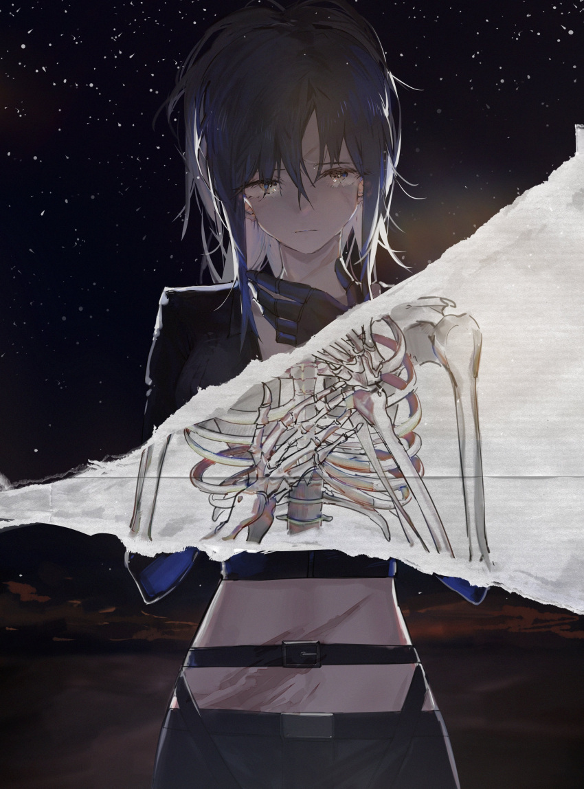 1girl absurdres angelia_(girls'_frontline) belt black_belt black_hair blueblossom closed_mouth commentary commission english_commentary girls'_frontline grey_eyes highres long_hair long_sleeves looking_at_viewer midriff prosthesis prosthetic_arm scar scar_on_stomach skeleton sky solo star_(sky) starry_sky