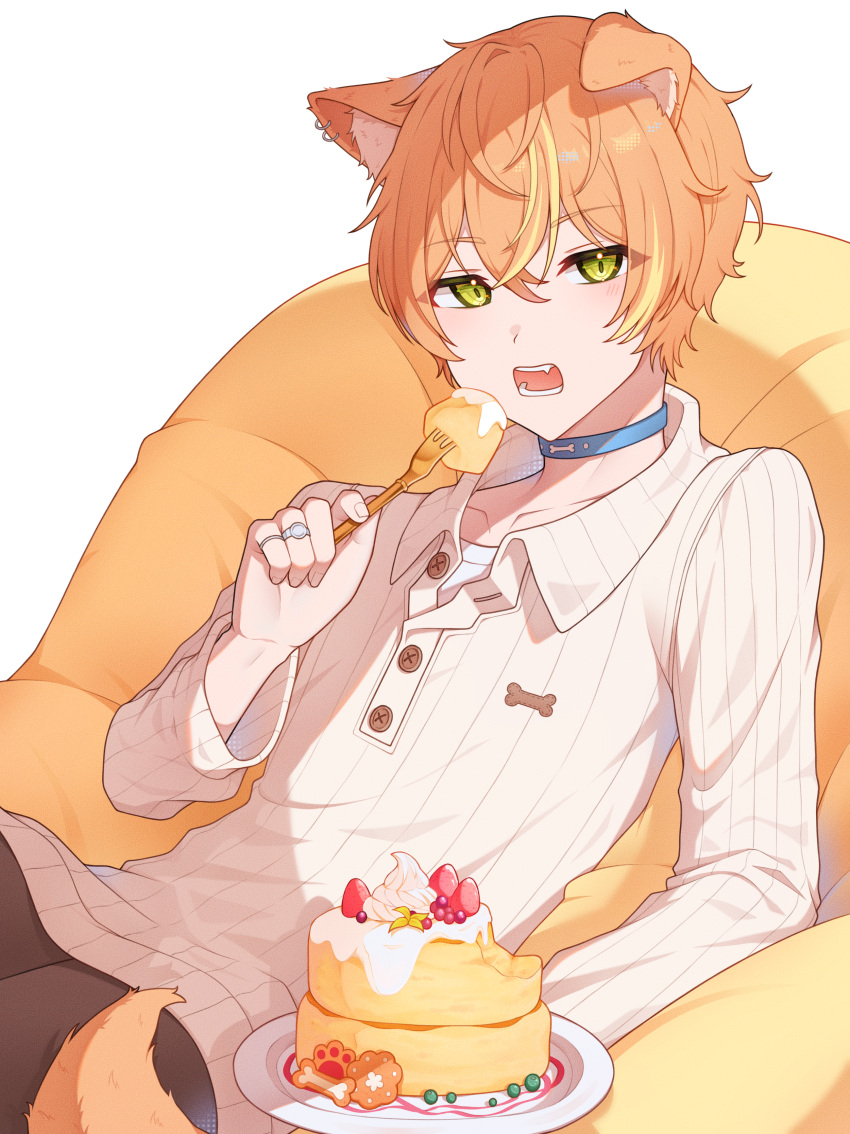 1boy absurdres animal_ears buttons cake cake_slice dog_ears dog_tail food fork highres long_sleeves looking_at_viewer male_focus multicolored_hair open_mouth orange_hair paw_print project_sekai shinonome_akito shirt short_hair streaked_hair tail yamggu