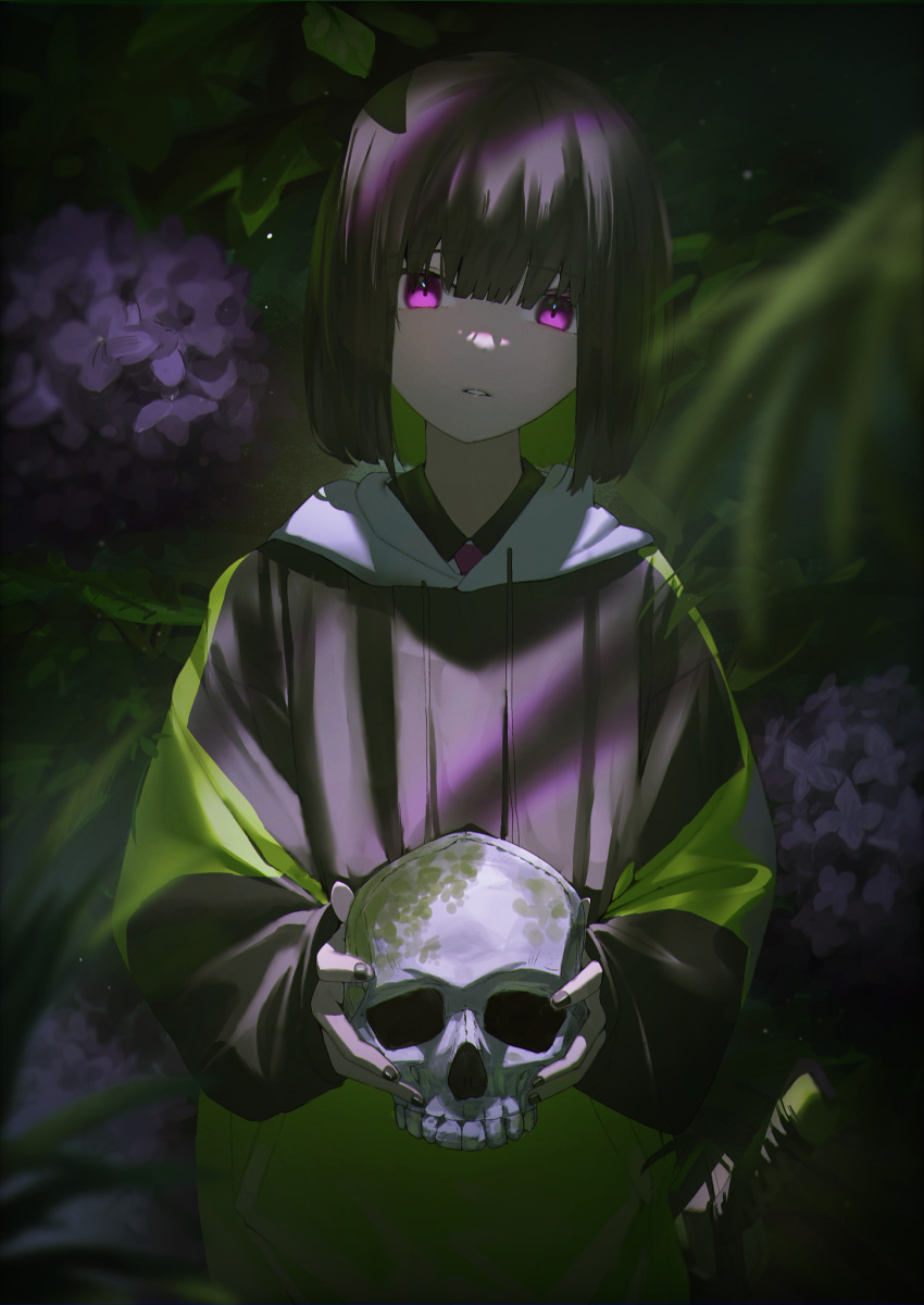 1girl 38_(sanjuuhachi) black_hair black_nails blunt_bangs bob_cut collared_shirt colored_inner_hair commentary_request dark dot_nose flower_request green_hair highres holding holding_skull hood hood_down hoodie long_sleeves looking_at_viewer multicolored_clothes multicolored_hair multicolored_hoodie necktie original parted_lips purple_eyes purple_necktie shirt short_hair skull solo sword upper_body weapon