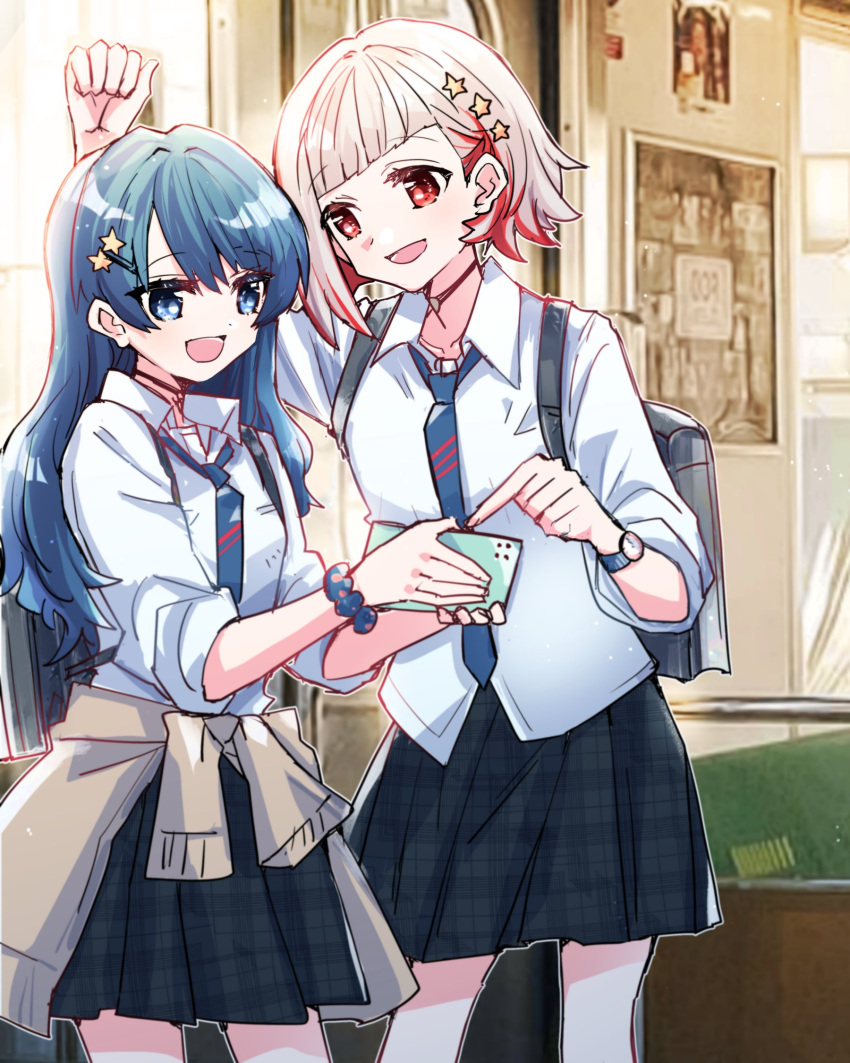 2girls :d alternate_costume backpack bag black_choker black_skirt blue_eyes blue_hair blue_necktie blue_scrunchie bob_cut brown_cardigan cardigan cardigan_around_waist check_commentary choker clothes_around_waist colored_inner_hair commentary_request dark_blue_hair diagonal_bangs dollchestra dress_shirt grey_hair gyaru hair_down hair_ornament hairclip highres inverted_bob kabedon kanduki_kamibukuro link!_like!_love_live! long_hair looking_at_another love_live! miniskirt multicolored_hair multiple_girls murano_sayaka necktie o-ring o-ring_choker open_mouth outline photo_background plaid plaid_skirt pleated_skirt red_eyes red_hair school_uniform scrunchie shirt short_hair single_sidelock skirt sleeves_rolled_up smile star_(symbol) star_hair_ornament streaked_hair train_interior untucked_shirt virtual_youtuber white_outline white_shirt wrist_scrunchie yugiri_tsuzuri