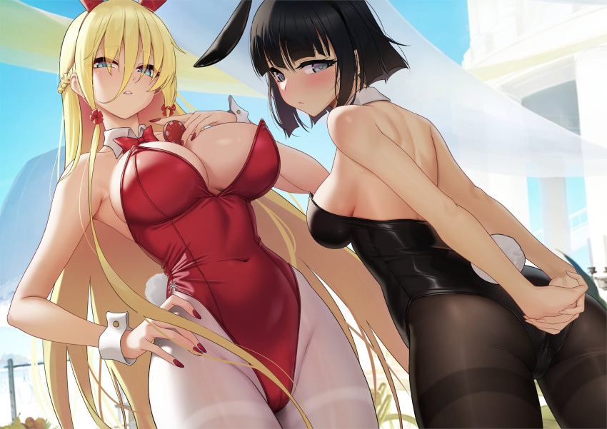 2girls alice_(bishoujo_mangekyou) animal_ears ass bare_back bare_shoulders bishoujo_mangekyou bishoujo_mangekyou:_kami_ga_tsukuritamouta_shoujo-tachi black_hair black_leotard black_pantyhose blonde_hair blue_eyes blue_sky bow bowtie braid breasts commentary_request detached_collar dorothy_(bishoujo_mangekyou) fake_animal_ears fake_tail grey_eyes highres large_breasts leotard long_hair looking_at_viewer looking_back medium_breasts multiple_girls outdoors own_hands_together pantyhose playboy_bunny rabbit_ears rabbit_tail red_leotard second-party_source short_hair sky smile solar_(happymonk) tail very_long_hair white_pantyhose wrist_cuffs