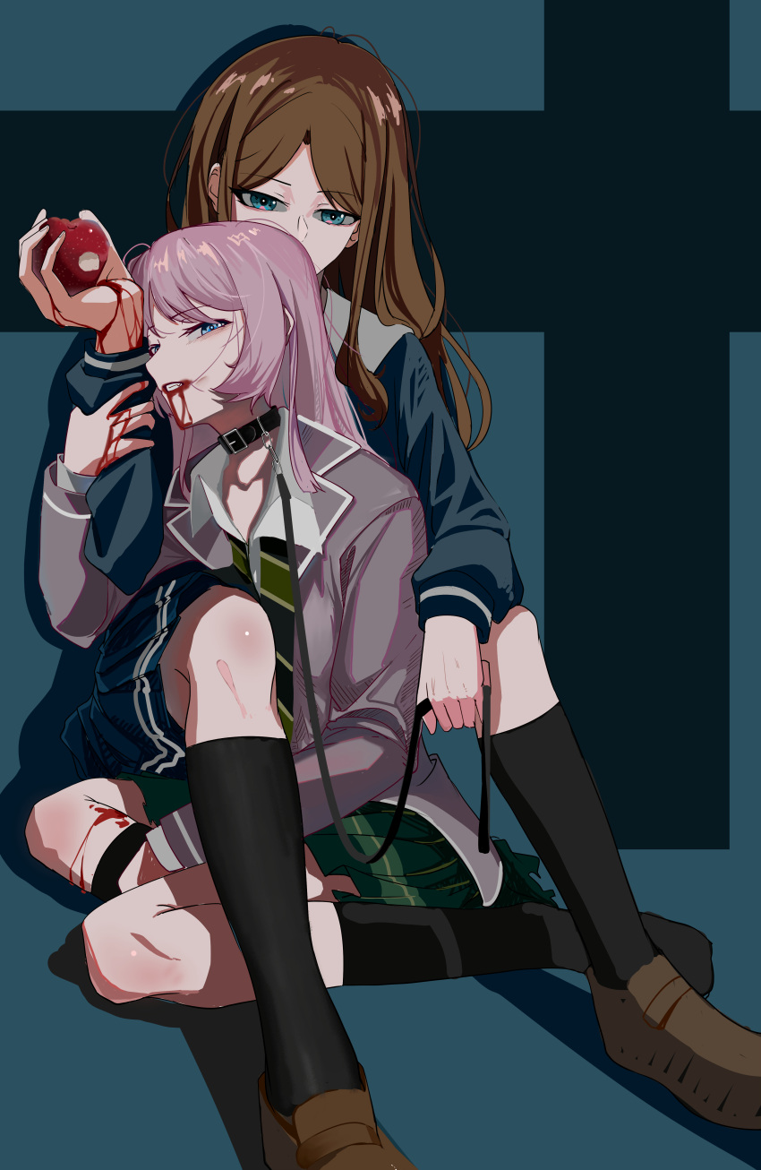 2girls absurdres apple bang_dream! bang_dream!_it's_mygo!!!!! black_socks blood blood_from_mouth blood_on_hands blue_eyes blue_shirt blue_skirt brown_footwear brown_hair chihaya_anon collar collared_shirt commentary english_commentary food fruit full_body green_necktie green_skirt grey_jacket hand_on_another's_arm haneoka_school_uniform highres holding holding_food holding_fruit holding_leash jacket kneehighs kneeling leash loafers long_hair long_sleeves looking_at_another looking_at_viewer multiple_girls nagasaki_soyo necktie parted_lips pink_hair pleated_skirt school_uniform shadow shirt shoes sitting skirt socks tsukinomori_school_uniform white_shirt yuri zarakaga