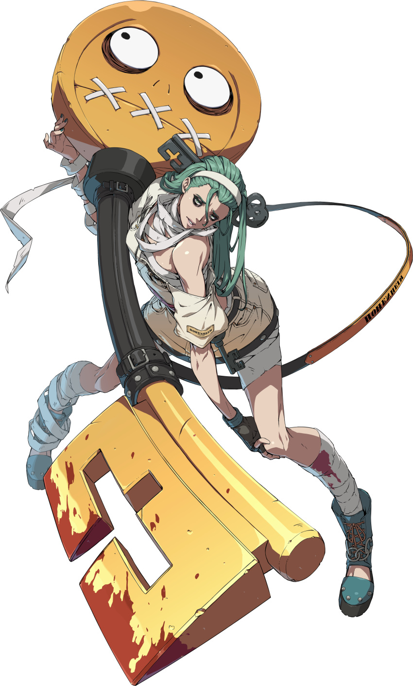 a.b.a absurdres bandages blood blood_on_clothes blue_footwear boots green_hair guilty_gear guilty_gear_strive headband highres holding holding_weapon key non-web_source pale_skin paracelsus_(guilty_gear) skirt weapon