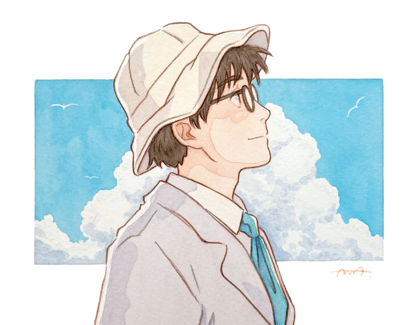 1boy blue_necktie blue_sky border brown-framed_eyewear brown_hair bunbun_hop closed_mouth cloud commentary glasses grey_jacket hat highres horikoshi_jirou jacket kaze_tachinu lapels looking_afar looking_up male_focus necktie outside_border profile round_eyewear short_hair signature simple_bird sky smile solo symbol-only_commentary traditional_media upper_body white_border white_hat