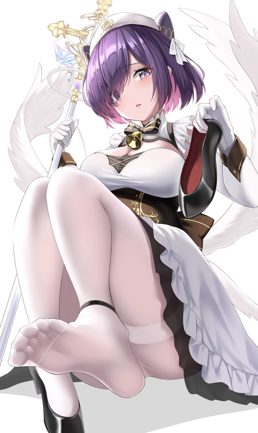 absurdres azur_lane bell bob_cut breasts cien_(shikanokuni) cleavage cross dress frilled_dress frills full_body gloves hair_over_one_eye highres holding holding_shoes jervis_(azur_lane) knees_up large_breasts looking_at_viewer neck_bell pantyhose purple_hair shoes single_shoe sitting staff toes unworn_shoes white_gloves white_pantyhose white_wings wings