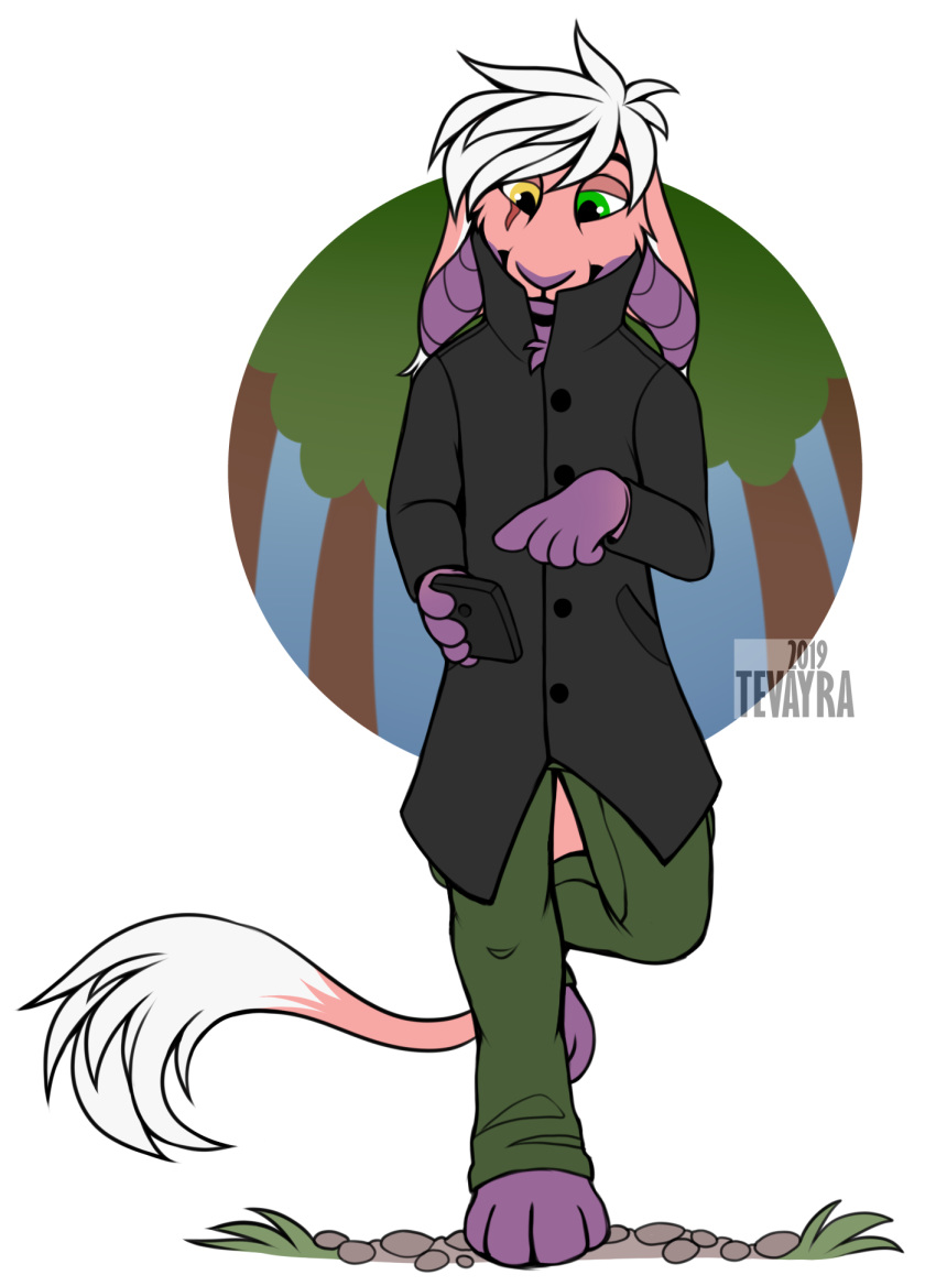 2019 alpha_channel anthro bottomwear clothed clothing coat dakota_eden_may_(obey138) digital_media_(artwork) forest fully_clothed fur hair happy heterochromia hi_res male phone pink_body pink_fur purple_body purple_fur simple_background solo tagme tevayra topwear transparent_background tree trenchcoat vernid walking white_body white_fur white_hair