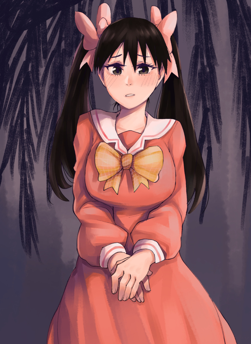 1girl alternate_costume alternate_hairstyle azumanga_daiou black_eyes black_hair blush bow bowtie collared_dress cowboy_shot dress furrowed_eyebrows hair_bow highres long_hair long_sleeves looking_at_viewer magenta own_hands_together parted_lips pink_bow red_dress sailor_collar sakaki solo twintails yellow_bow