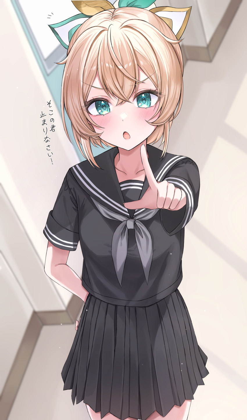 1girl absurdres aqua_eyes black_sailor_collar black_serafuku black_shirt blush breasts grey_neckerchief hand_on_own_hip hazumi071005 highres hololive kazama_iroha looking_at_viewer medium_breasts neckerchief open_mouth pleated_skirt pointing pointing_at_viewer ponytail sailor_collar school school_uniform serafuku shirt skirt solo uniform virtual_youtuber